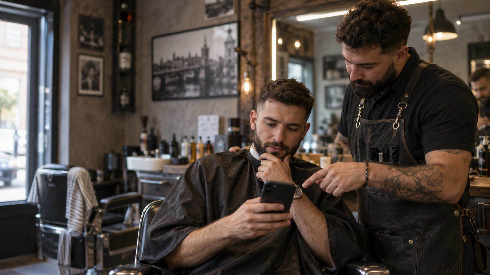 Barber i mušterija tokom mirne konsultacije uz fotografiju željene frizure