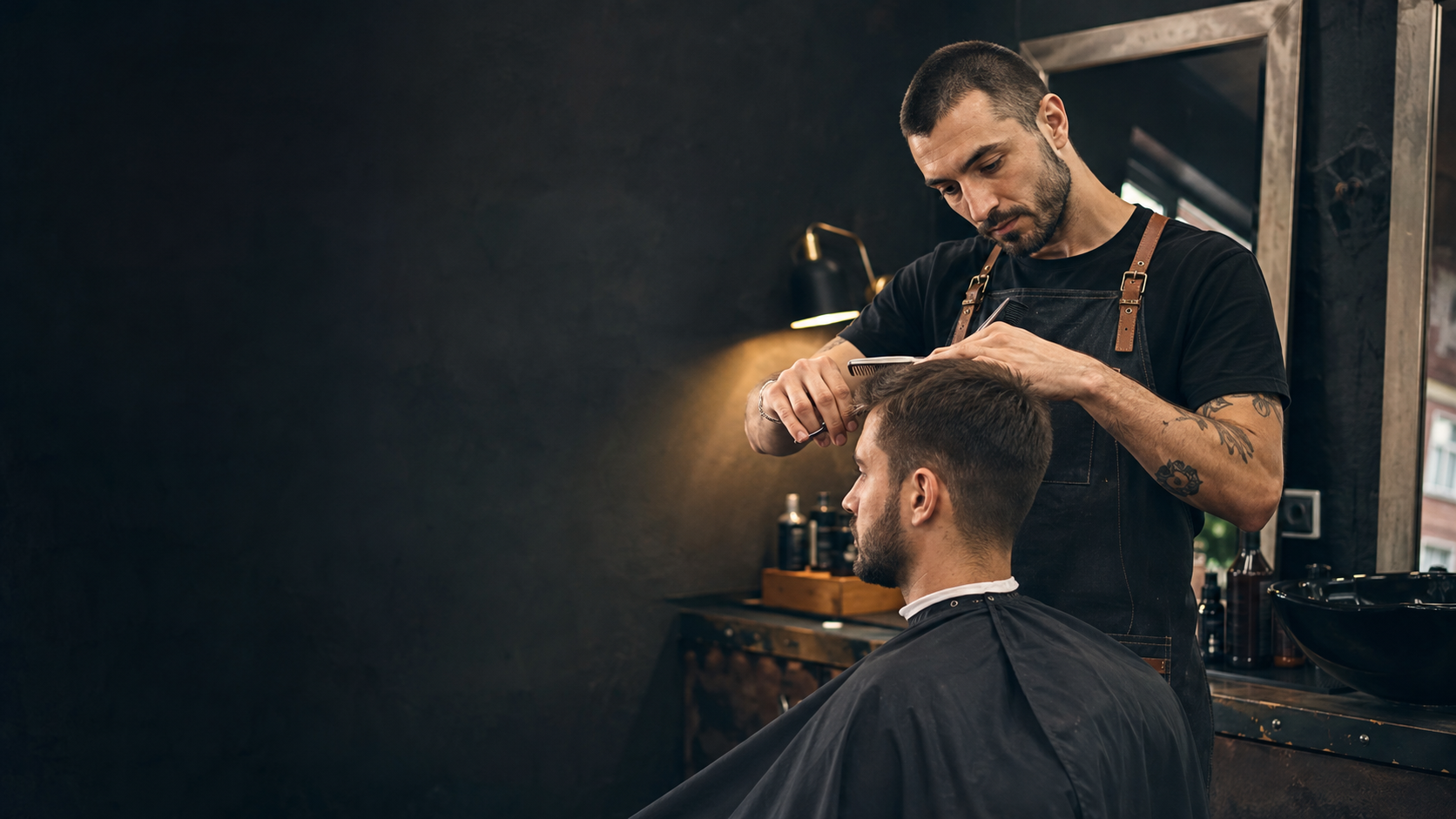 Barber radi sa klijentom u savremenoj berbernici