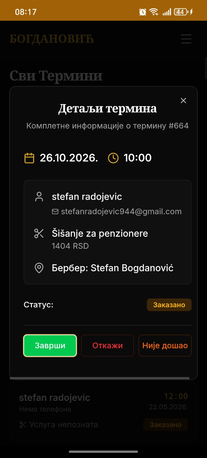 Stvarni ekran Detalji termina: datum, vreme, klijent, usluga, barber, status i radnje za završavanje, otkazivanje ili nedolazak.